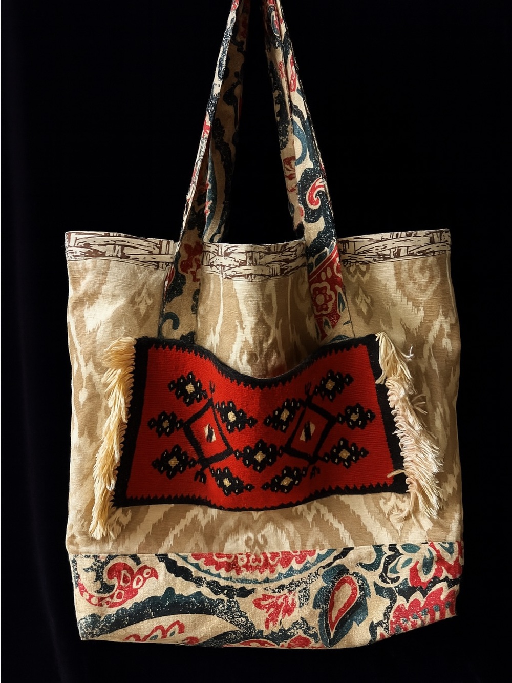 Handmade Canvas Double Lined Tote with Wool Vintage Accent Pocket